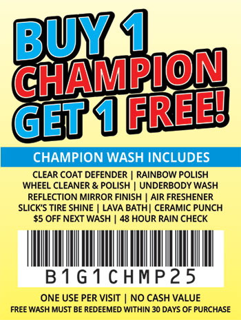 Champs Express Car Wash coupon: buy 1, get 1